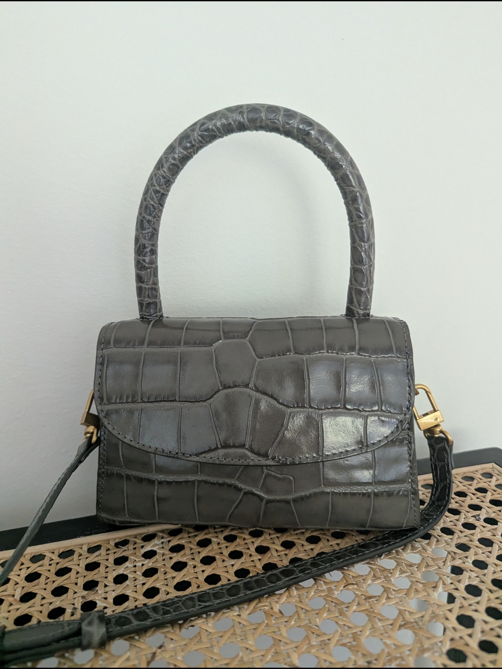 By Far Croc-Embossed Leather Crossbody in Gray